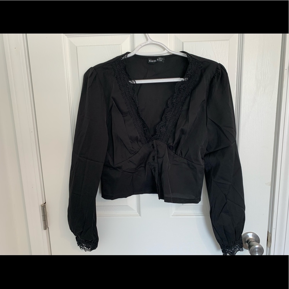 Plunge black medium blouse with lace